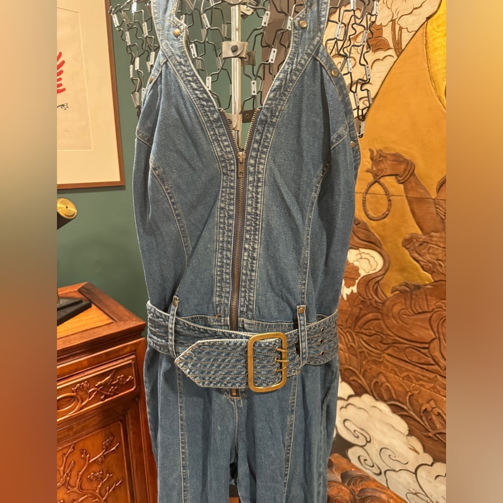 Vintage hipster denim halter jumpsuit with wide belt faded to perfection